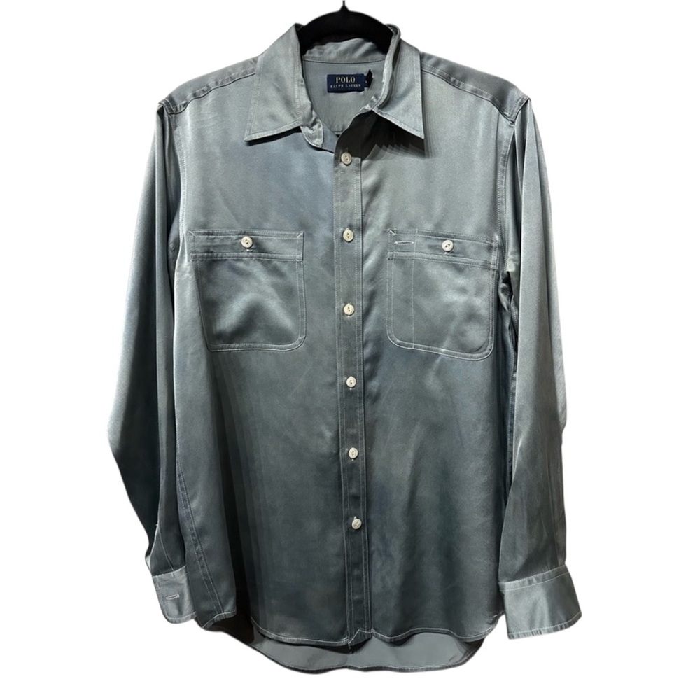 Polo Ralph Lauren Blue Label Ice Blue 100% Silk Button-Down Shirt Size 6